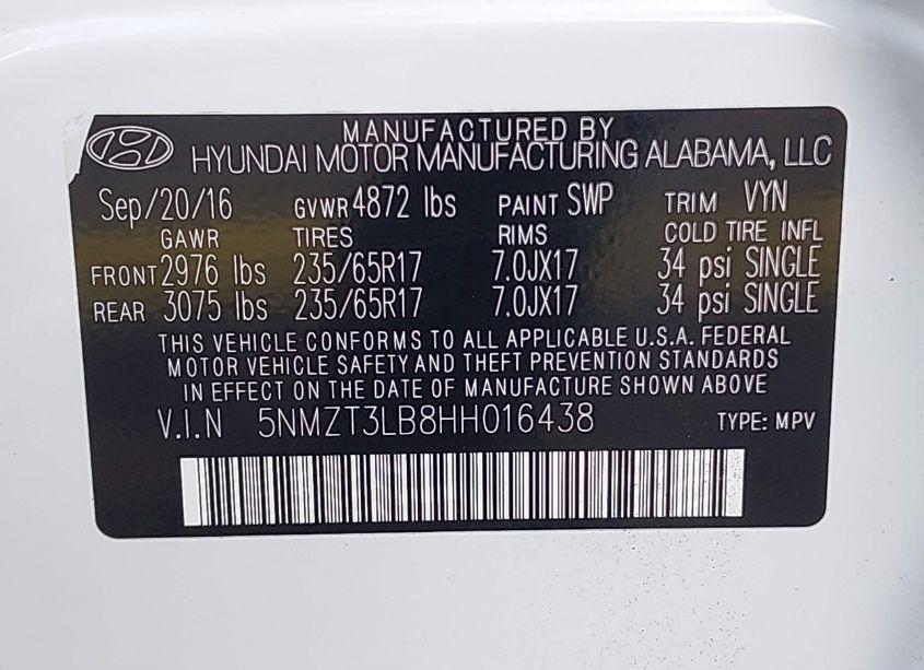 Photo 9 of 2017 Hyundai Santa FE SPORT 2.4L (VIN 5NMZT3LB8HH016438)