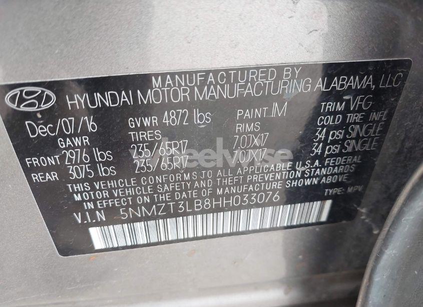 Photo 9 of 2017 Hyundai Santa FE SPORT 2.4L (VIN 5NMZT3LB8HH033076)