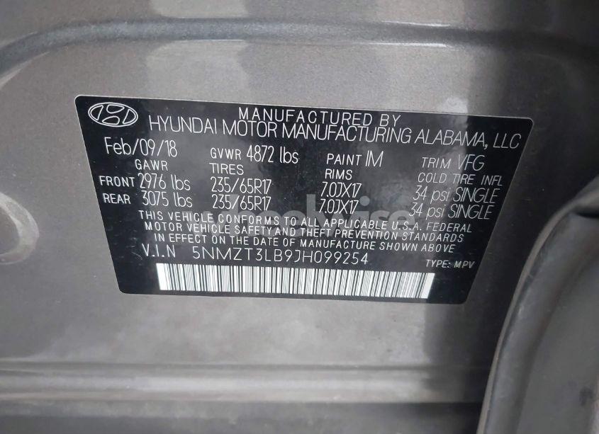 Photo 9 of 2018 Hyundai Santa FE SPORT 2.4L (VIN 5NMZT3LB9JH099254)