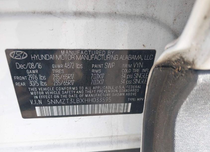 Photo 9 of 2017 Hyundai Santa FE SPORT 2.4L (VIN 5NMZT3LBXHH033595)