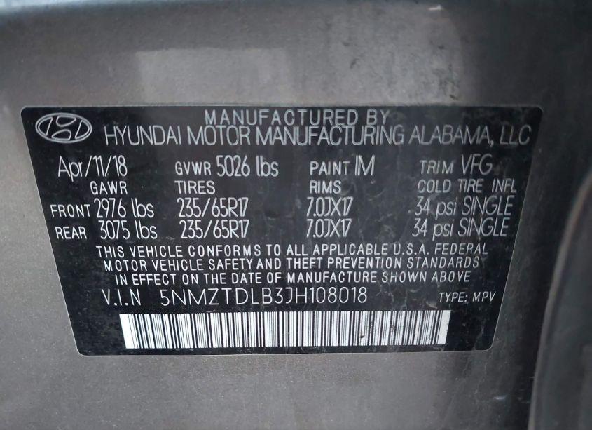 Photo 9 of 2018 Hyundai Santa FE SPORT 2.4L (VIN 5NMZTDLB3JH108018)