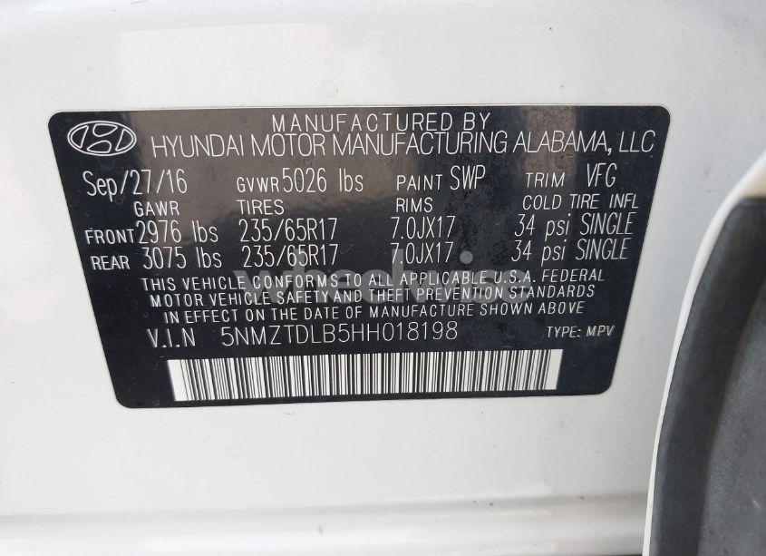 Photo 9 of 2017 Hyundai Santa FE SPORT 2.4L (VIN 5NMZTDLB5HH018198)