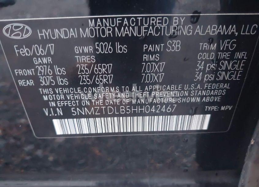 Photo 9 of 2017 Hyundai Santa FE SPORT 2.4L (VIN 5NMZTDLB5HH042467)