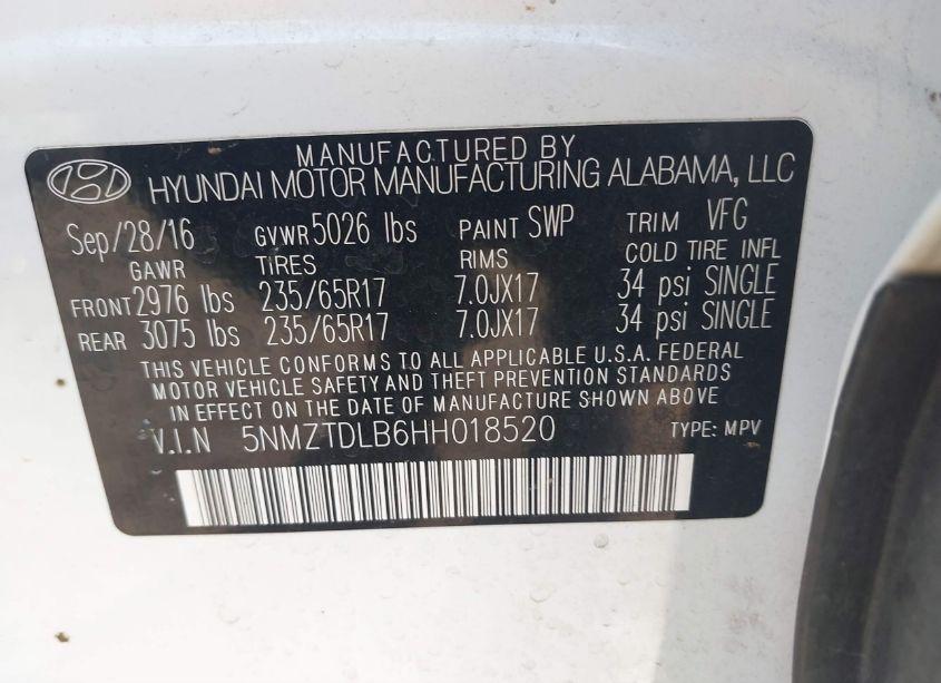 Photo 9 of 2017 Hyundai Santa FE SPORT 2.4L (VIN 5NMZTDLB6HH018520)