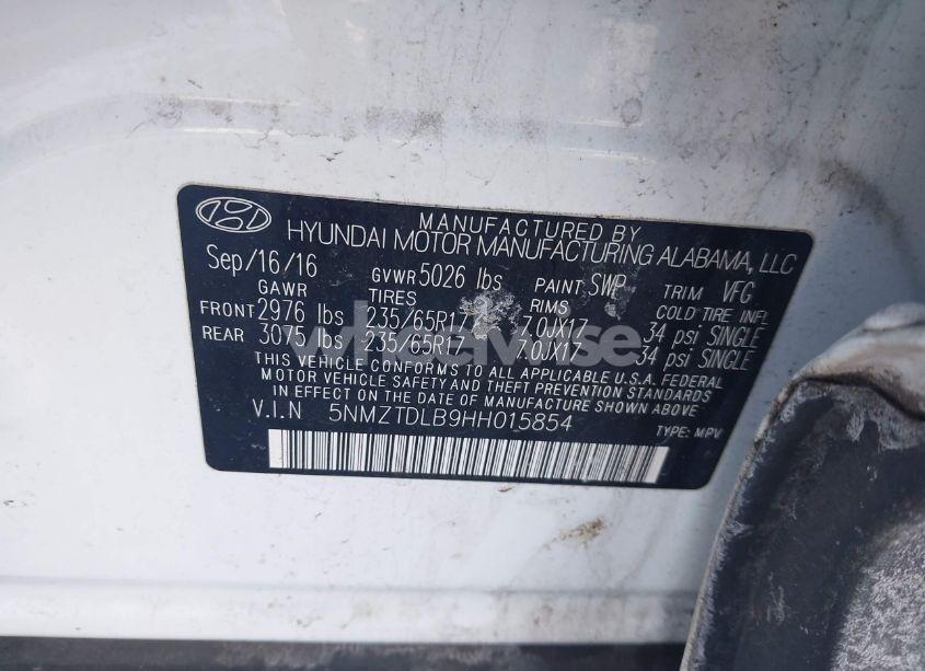 Photo 9 of 2017 Hyundai Santa FE SPORT 2.4L (VIN 5NMZTDLB9HH015854)