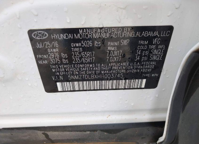 Photo 9 of 2017 Hyundai Santa FE SPORT 2.4L (VIN 5NMZTDLBXHH003745)