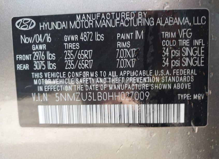 Photo 9 of 2017 Hyundai Santa FE SPORT 2.4L (VIN 5NMZU3LB0HH027009)