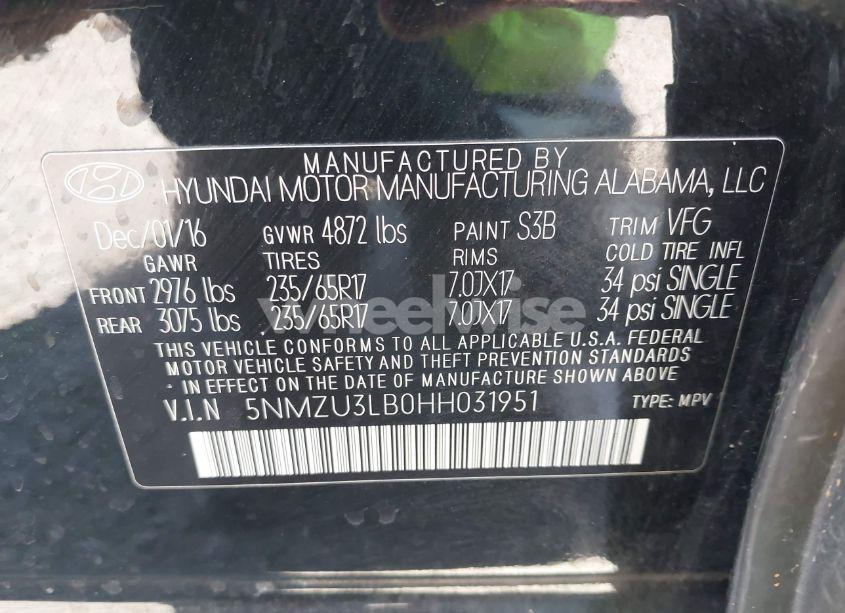 Photo 9 of 2017 Hyundai Santa FE SPORT 2.4L (VIN 5NMZU3LB0HH031951)