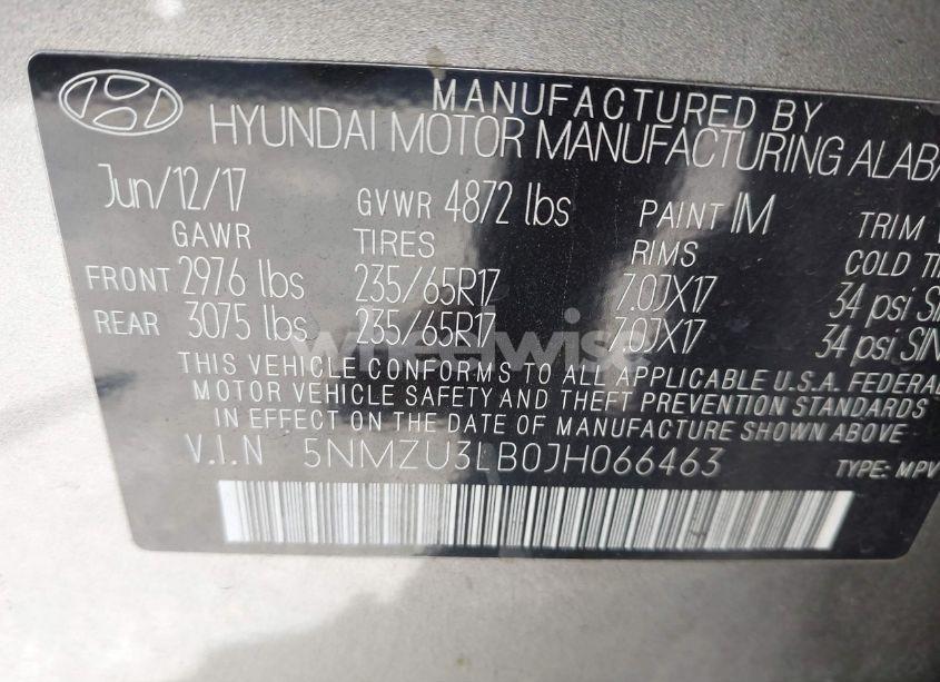 Photo 9 of 2018 Hyundai Santa FE SPORT 2.4L (VIN 5NMZU3LB0JH066463)
