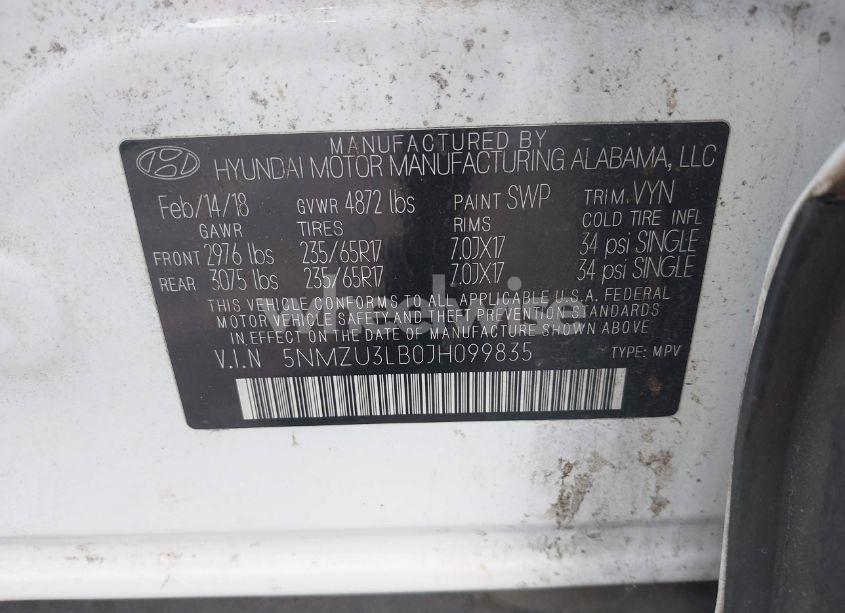 Photo 9 of 2018 Hyundai Santa FE SPORT 2.4L (VIN 5NMZU3LB0JH099835)