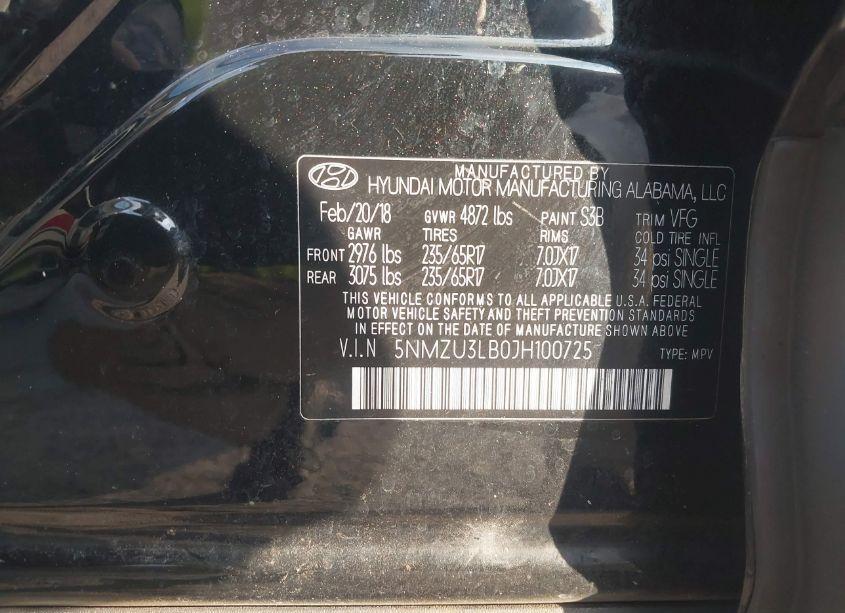 Photo 9 of 2018 Hyundai Santa FE SPORT 2.4L (VIN 5NMZU3LB0JH100725)