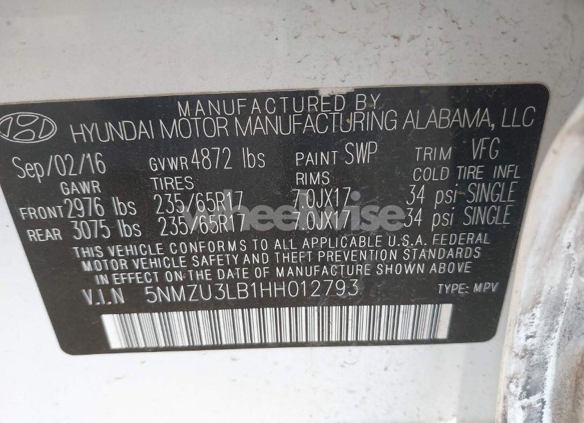 Photo 9 of 2017 Hyundai Santa FE SPORT 2.4L (VIN 5NMZU3LB1HH012793)
