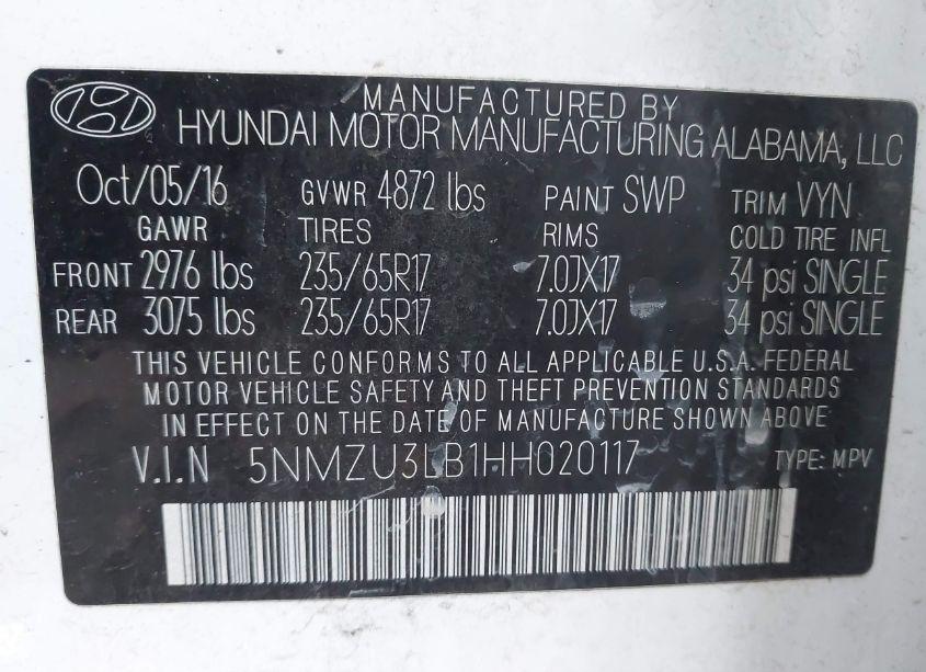 Photo 9 of 2017 Hyundai Santa FE SPORT 2.4L (VIN 5NMZU3LB1HH020117)