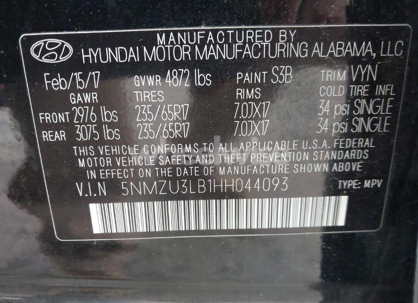 Photo 9 of 2017 Hyundai Santa FE SPORT 2.4L (VIN 5NMZU3LB1HH044093)