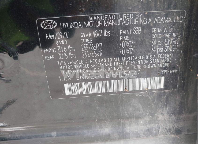 Photo 9 of 2017 Hyundai Santa FE SPORT 2.4L (VIN 5NMZU3LB1HH052047)