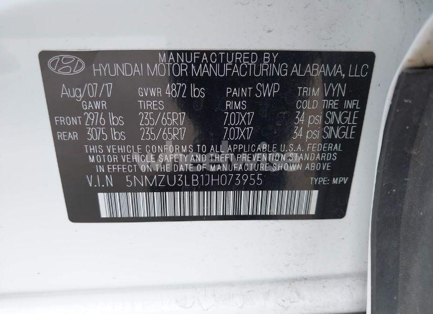 Photo 9 of 2018 Hyundai Santa FE SPORT 2.4L (VIN 5NMZU3LB1JH073955)