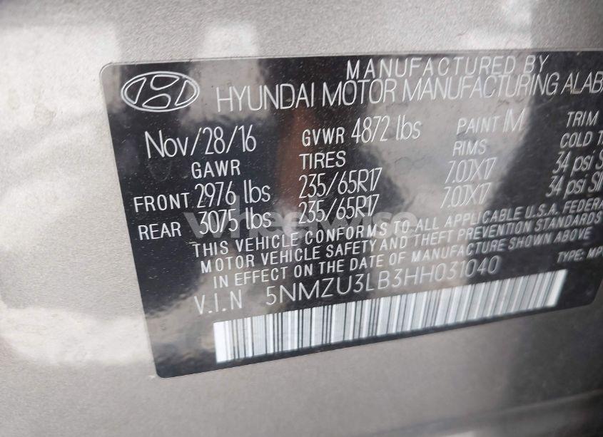 Photo 9 of 2017 Hyundai Santa FE SPORT 2.4L (VIN 5NMZU3LB3HH031040)