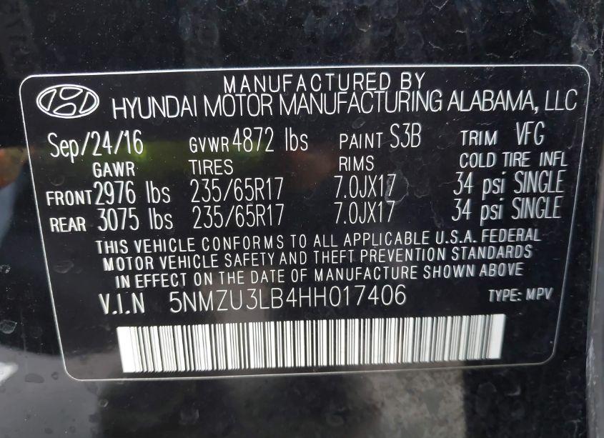 Photo 9 of 2017 Hyundai Santa FE SPORT 2.4L (VIN 5NMZU3LB4HH017406)