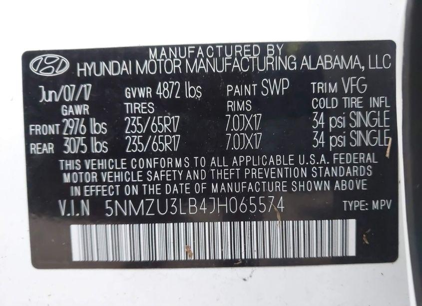 Photo 9 of 2018 Hyundai Santa FE SPORT 2.4L (VIN 5NMZU3LB4JH065574)