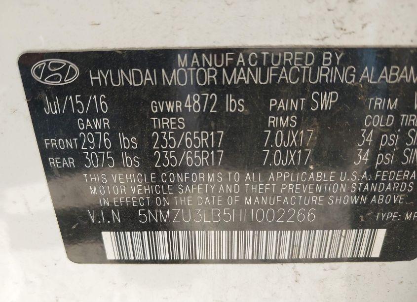 Photo 9 of 2017 Hyundai Santa FE SPORT 2.4L (VIN 5NMZU3LB5HH002266)