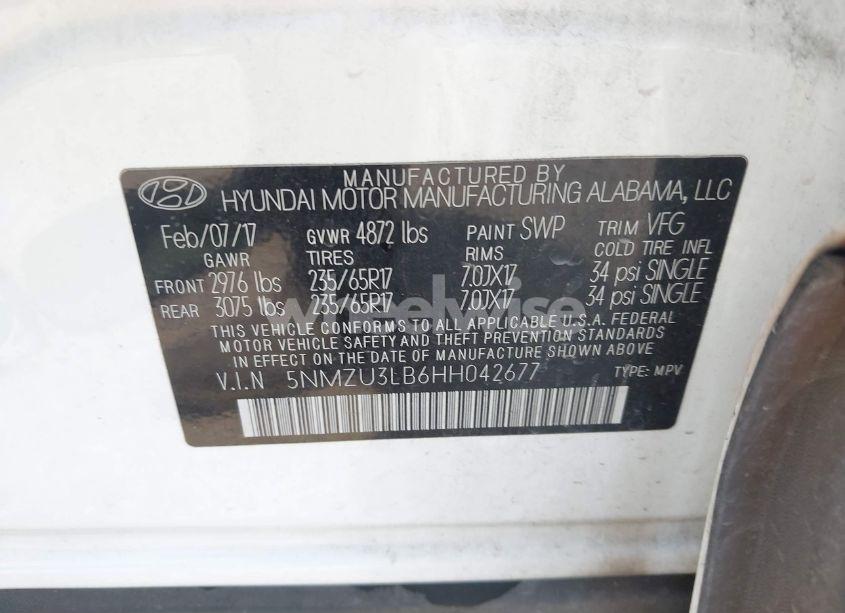 Photo 9 of 2017 Hyundai Santa FE SPORT 2.4L (VIN 5NMZU3LB6HH042677)