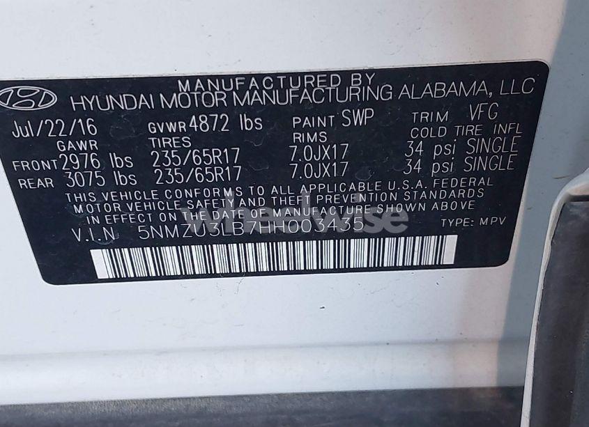 Photo 9 of 2017 Hyundai Santa FE SPORT 2.4L (VIN 5NMZU3LB7HH003435)