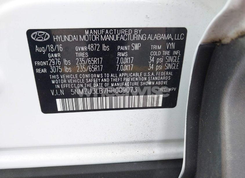 Photo 9 of 2017 Hyundai Santa FE SPORT 2.4L (VIN 5NMZU3LB7HH009073)