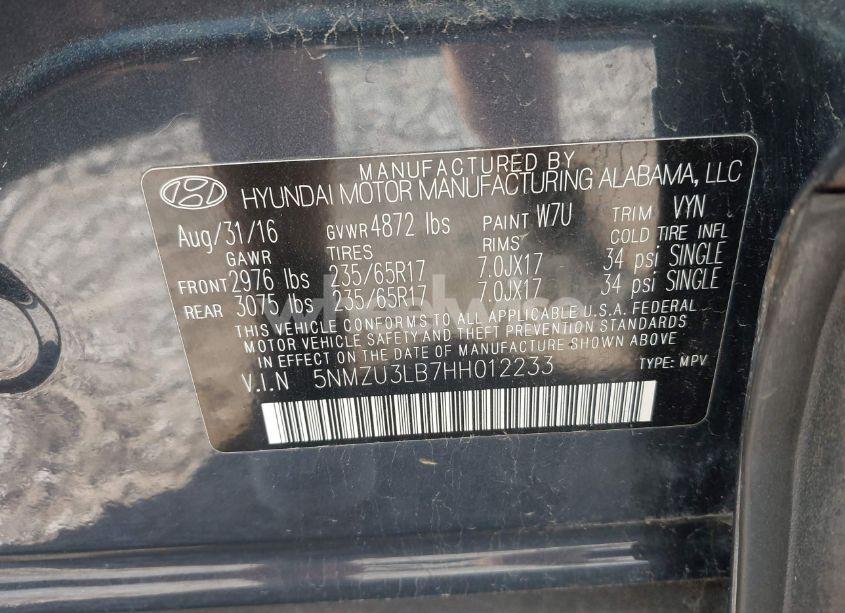 Photo 9 of 2017 Hyundai Santa FE SPORT 2.4L (VIN 5NMZU3LB7HH012233)