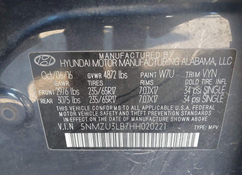 Photo 9 of 2017 Hyundai Santa FE SPORT 2.4L (VIN 5NMZU3LB7HH020221)