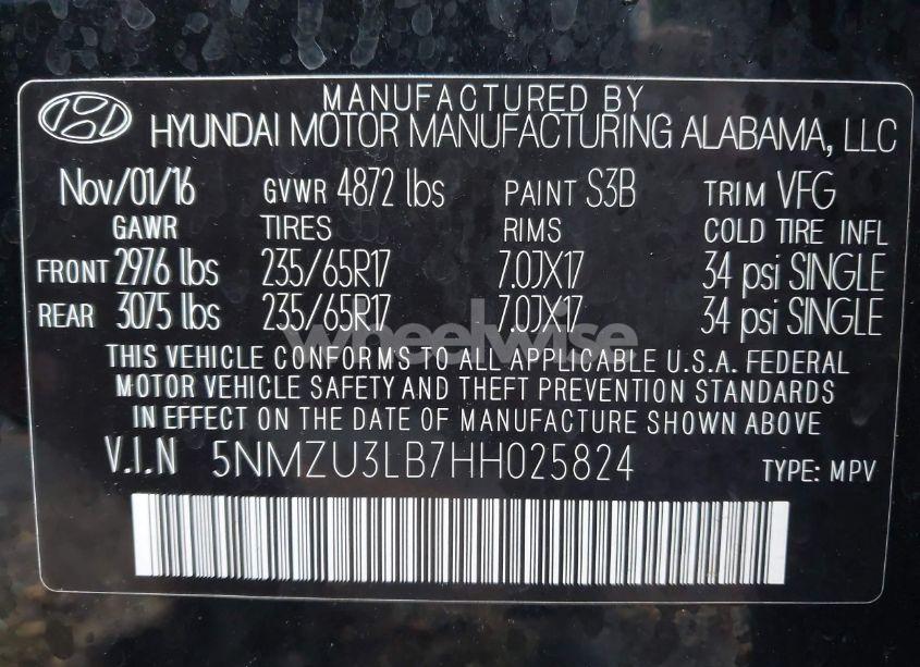 Photo 9 of 2017 Hyundai Santa FE SPORT 2.4L (VIN 5NMZU3LB7HH025824)