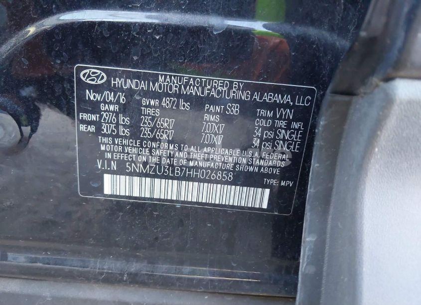 Photo 9 of 2017 Hyundai Santa FE SPORT 2.4L (VIN 5NMZU3LB7HH026858)