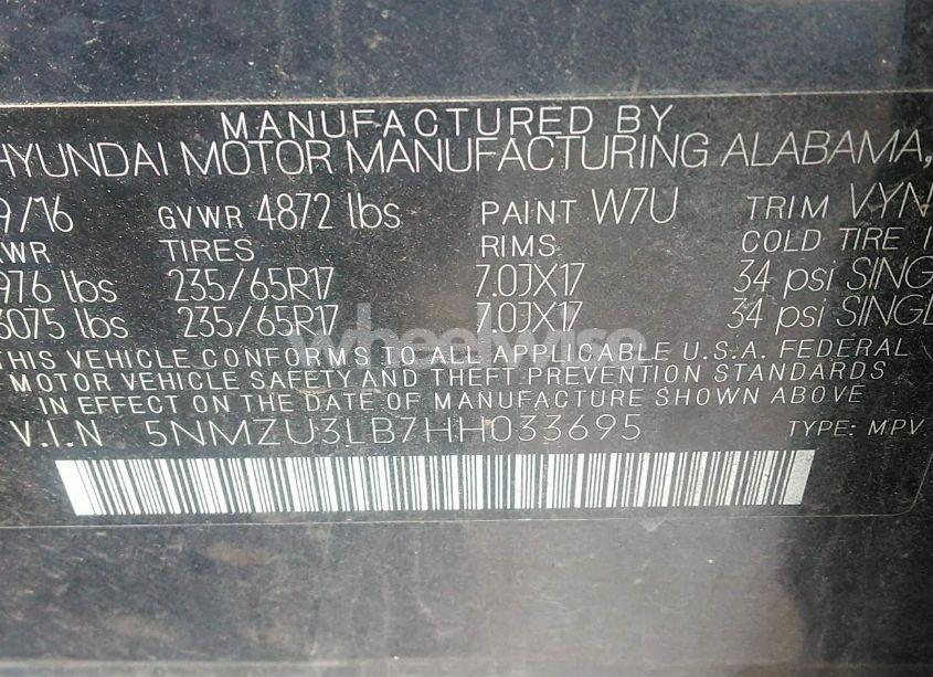 Photo 9 of 2017 Hyundai Santa FE SPORT 2.4L (VIN 5NMZU3LB7HH033695)