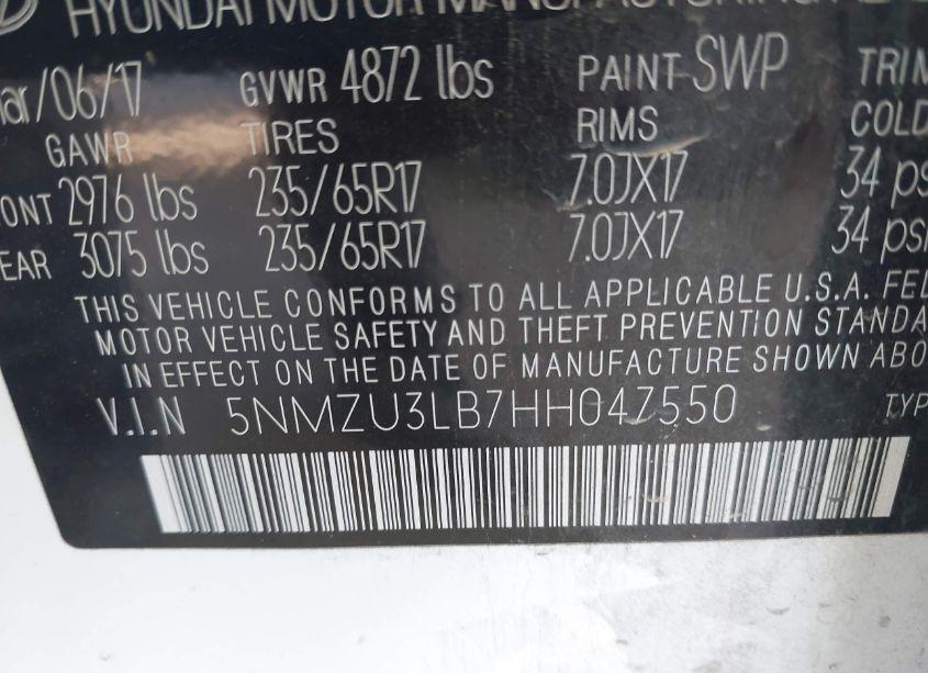 Photo 9 of 2017 Hyundai Santa FE SPORT 2.4L (VIN 5NMZU3LB7HH047550)