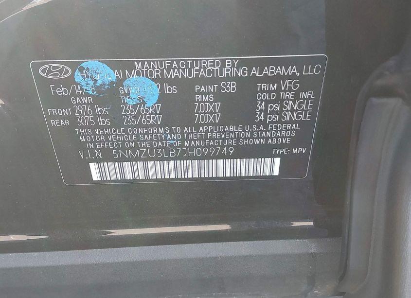 Photo 9 of 2018 Hyundai Santa FE SPORT 2.4L (VIN 5NMZU3LB7JH099749)