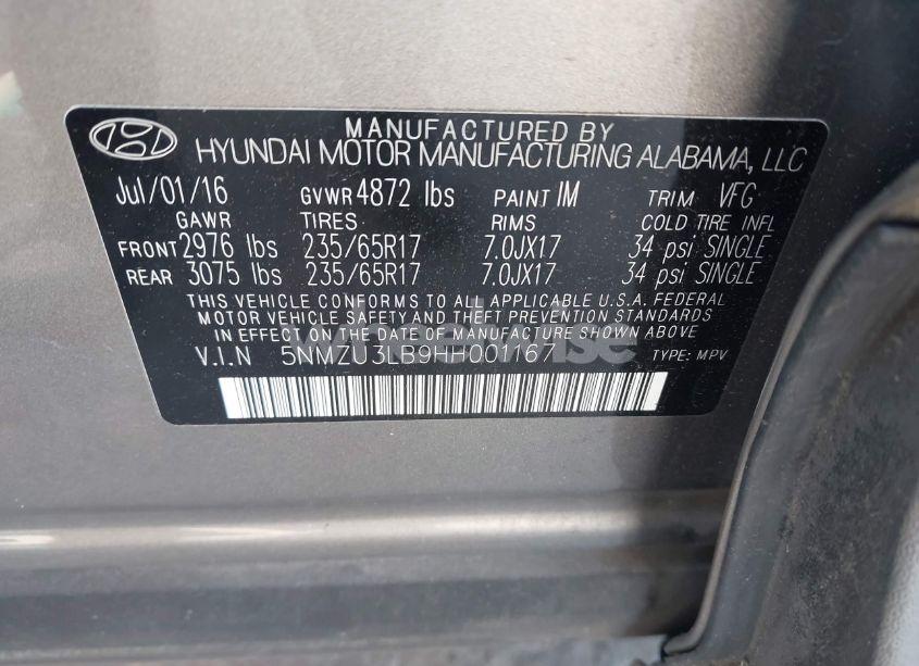 Photo 9 of 2017 Hyundai Santa FE SPORT 2.4L (VIN 5NMZU3LB9HH001167)