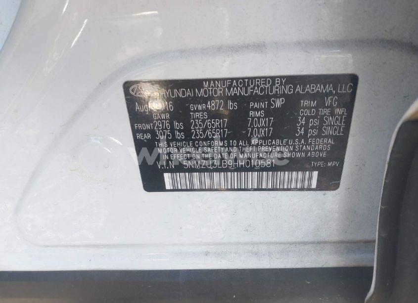 Photo 9 of 2017 Hyundai Santa FE SPORT 2.4L (VIN 5NMZU3LB9HH010581)