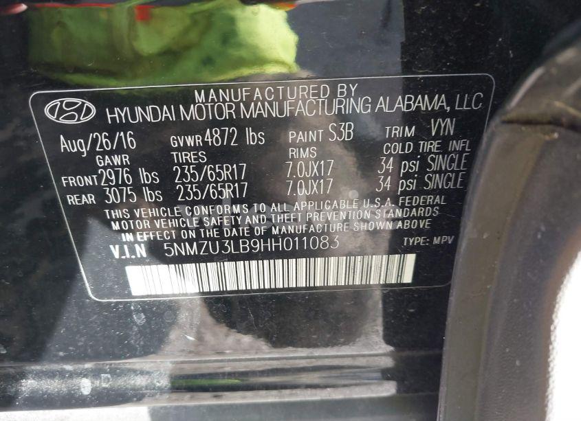 Photo 9 of 2017 Hyundai Santa FE SPORT 2.4L (VIN 5NMZU3LB9HH011083)