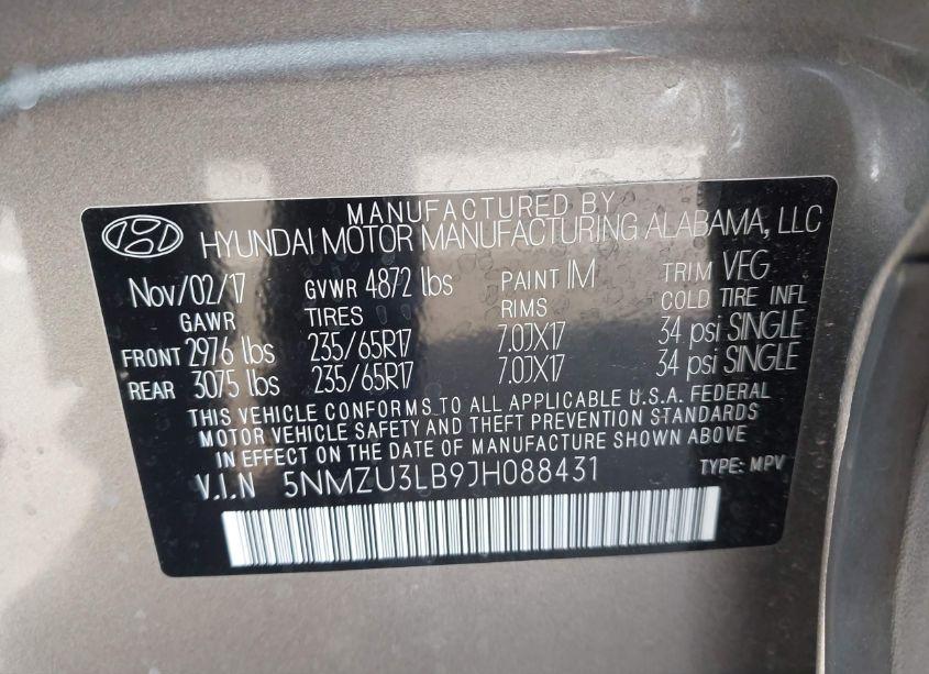 Photo 9 of 2018 Hyundai Santa FE SPORT 2.4L (VIN 5NMZU3LB9JH088431)