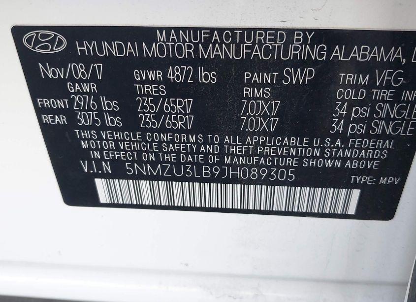 Photo 9 of 2018 Hyundai Santa FE SPORT 2.4L (VIN 5NMZU3LB9JH089305)