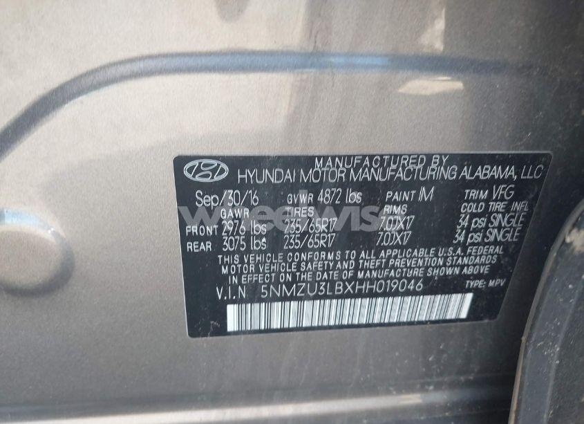 Photo 9 of 2017 Hyundai Santa FE SPORT 2.4L (VIN 5NMZU3LBXHH019046)