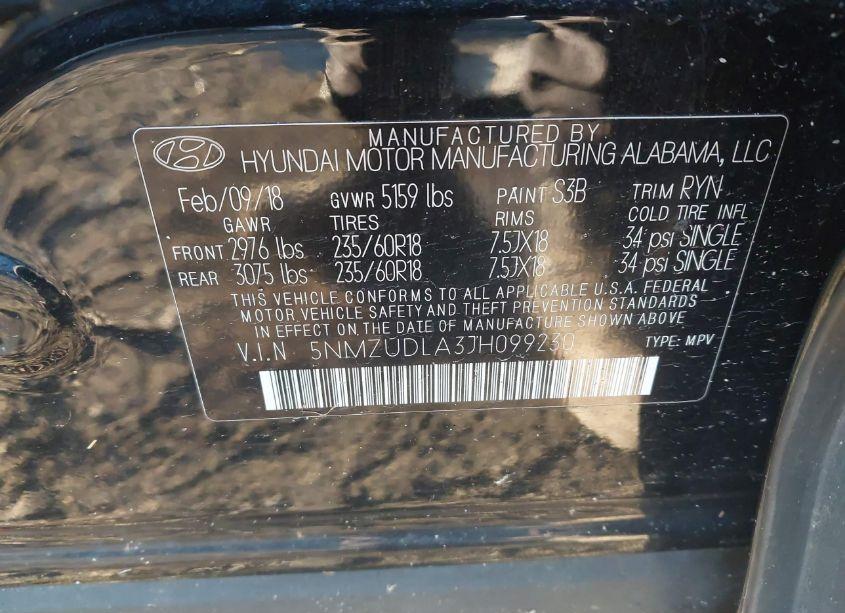 Photo 9 of 2018 Hyundai Santa FE SPORT 2.0T (VIN 5NMZUDLA3JH099230)