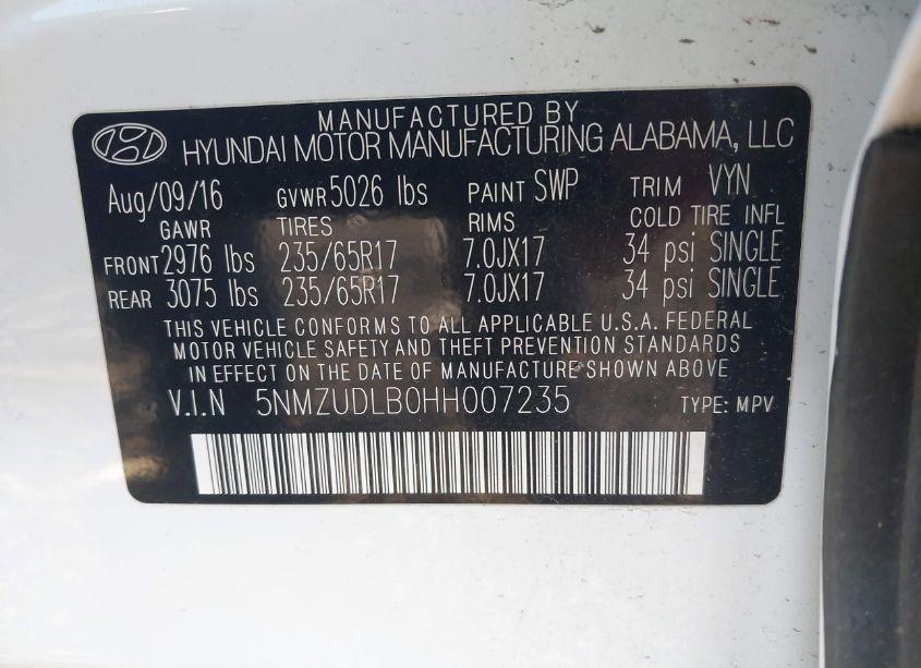 Photo 9 of 2017 Hyundai Santa FE SPORT 2.4L (VIN 5NMZUDLB0HH007235)