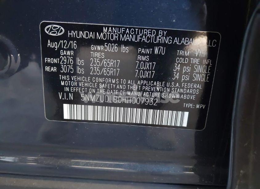 Photo 9 of 2017 Hyundai Santa FE SPORT 2.4L (VIN 5NMZUDLB0HH007932)