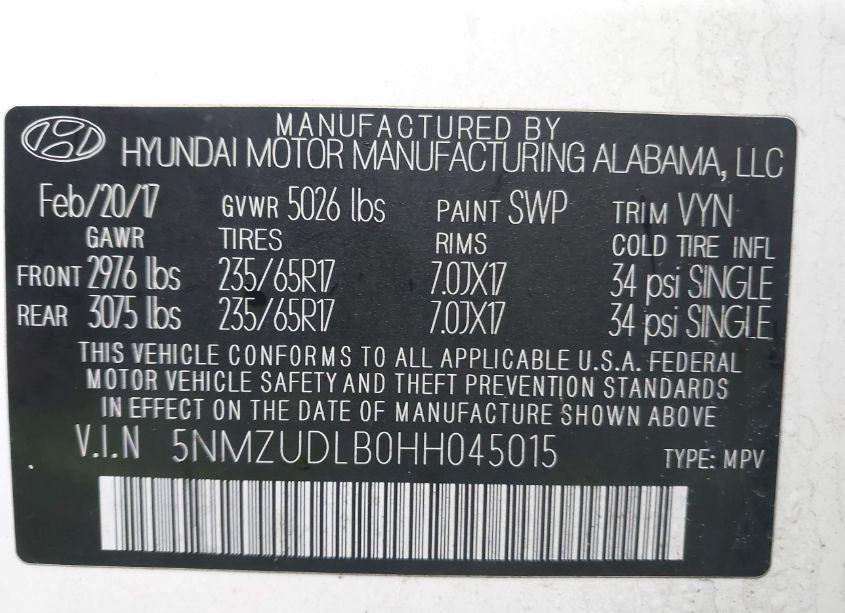 Photo 9 of 2017 Hyundai Santa FE SPORT 2.4L (VIN 5NMZUDLB0HH045015)