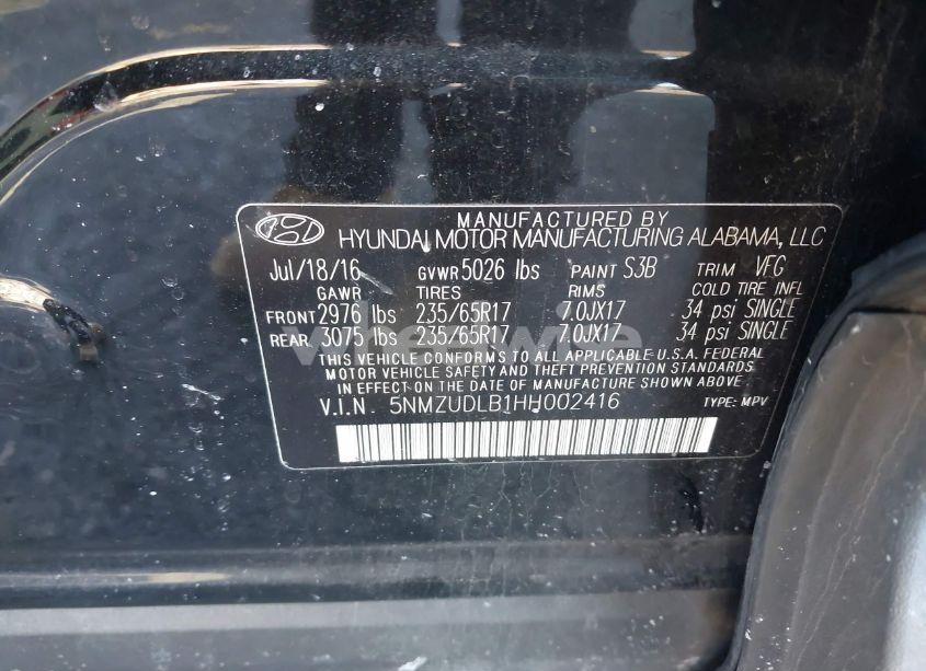 Photo 9 of 2017 Hyundai Santa FE SPORT 2.4L (VIN 5NMZUDLB1HH002416)