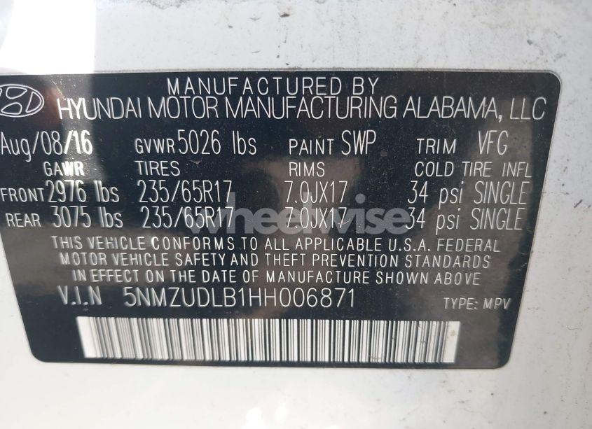 Photo 9 of 2017 Hyundai Santa FE SPORT 2.4L (VIN 5NMZUDLB1HH006871)