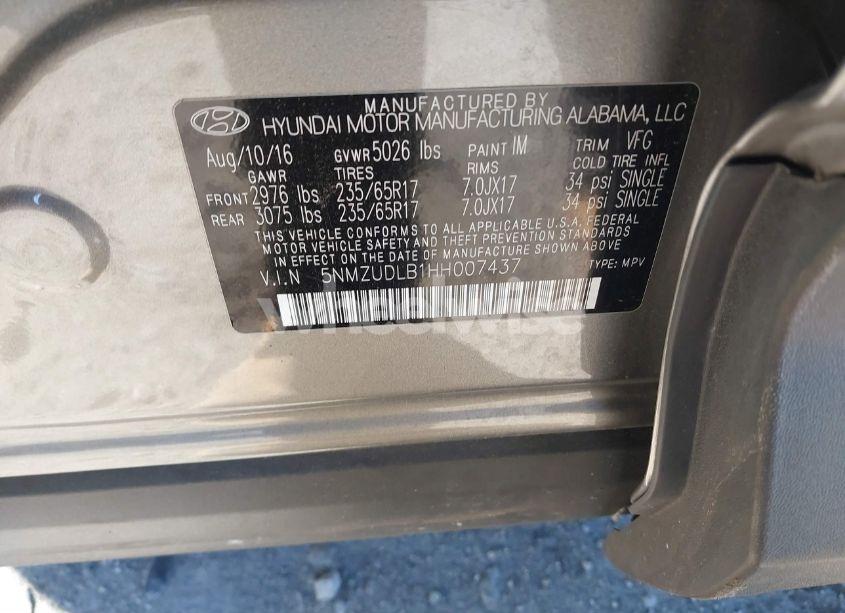 Photo 9 of 2017 Hyundai Santa FE SPORT 2.4L (VIN 5NMZUDLB1HH007437)