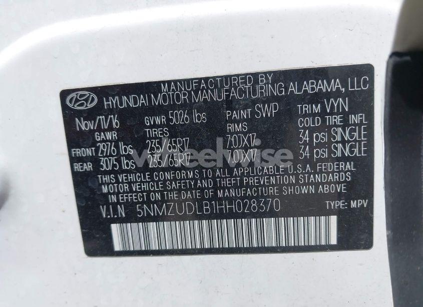 Photo 9 of 2017 Hyundai Santa FE SPORT 2.4L (VIN 5NMZUDLB1HH028370)