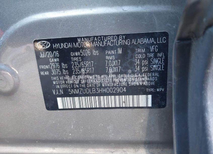 Photo 9 of 2017 Hyundai Santa FE SPORT 2.4L (VIN 5NMZUDLB3HH002904)