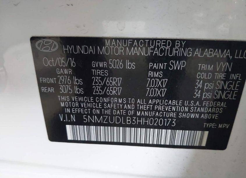 Photo 9 of 2017 Hyundai Santa FE SPORT 2.4L (VIN 5NMZUDLB3HH020173)